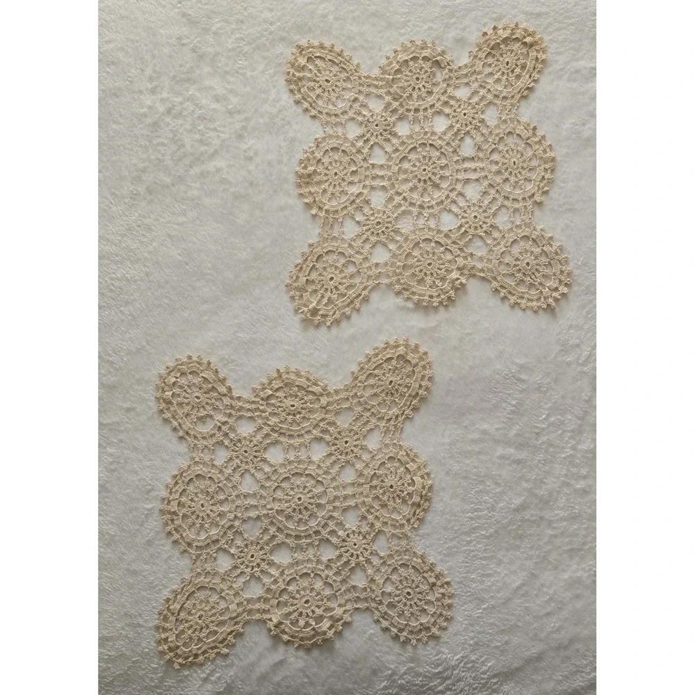 Vintage Hand Crocheted Lace Doily Mats Set of 2 Beige Cotton Square Table‎ Decor